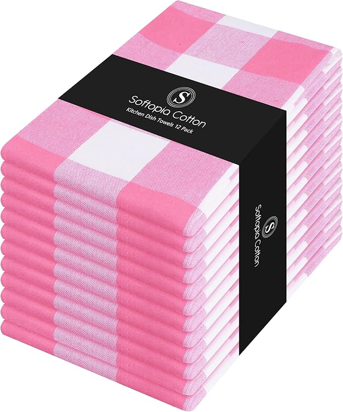 Buffalo Check 4 Pack Kitchen Towels, 16"x26", Plaid Dish Towels, 100% Cotton, Absorbent, Washable, Everyday Kitchen Essentials, Soft Cloths for Cleaning, Drying Hands, Pink White