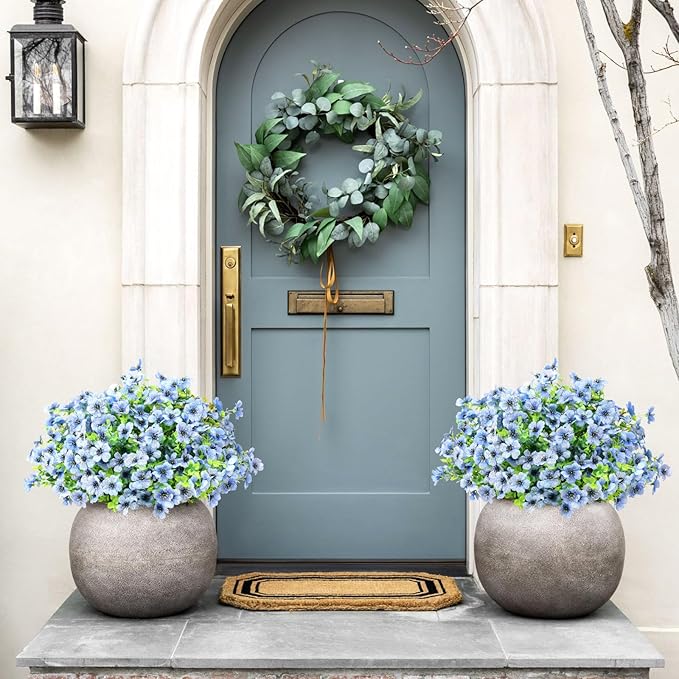 Artificial Flowers Outdoor Faux Plants UV Resistant Fake Patio Flowers Plastic Greenery Plnats Outside Bulk for Spring Garden Hanging Planter Home Vase Decor, 12 Bundles (Blue)