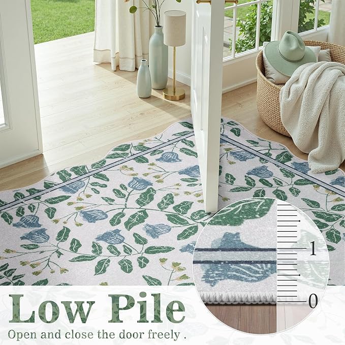 DCX Washable Botanical Floral Rug 8x10, Blue and Green Scalloped Rug, Non Slip Low Pile Carpet for Bedroom, Living Room, Kid & Pet Friendly