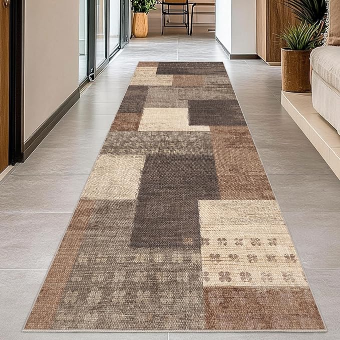 Modern Geometric Patchwork Indoor Runner Rug for Living Room, Beige 2.7'x 10' Large Rug Rockwood Collection Hardwood Floors Decor for Bedroom, Beige Throw Carpet for Office Entryway Dining Room