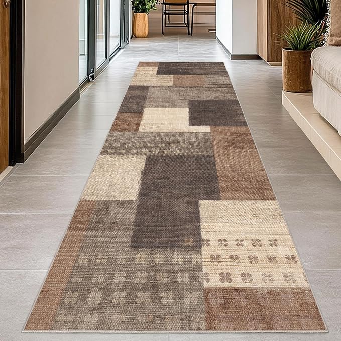 Modern Geometric Patchwork Indoor Runner Rug for Living Room, Beige 2.7'x 8' Large Rug Rockwood Collection Hardwood Floors Decor for Bedroom, Beige Throw Carpet for Office Entryway Dining Room