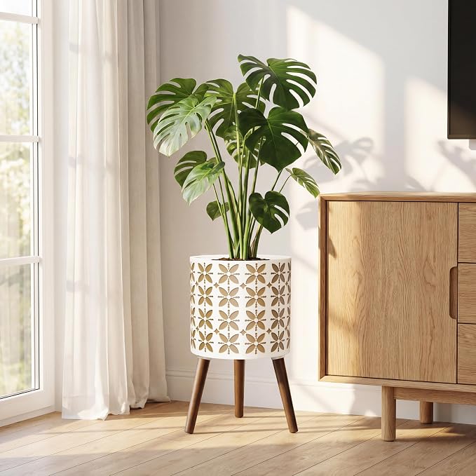 nacltlo12 Inch Planter with Stand, Plant Stand Indoor, Plant pots, Modern Mid-Century,Large Flower Planter Pot with Drainage Holes for Outdoor,White and xGold