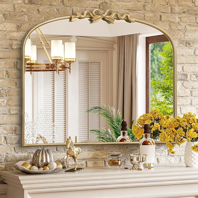 Besdomus Antique Arched Large Mirror: 36"x29" Gold Bow Vintage Wall Mounted Mirror - Baroque Traditional Ornate for Fireplace/Bathroom/Entryway - Home Decor for Fashion-Conscious