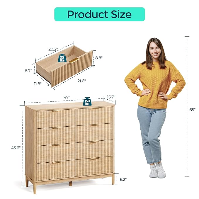 LINSY Fluted Dresser for Bedroom with 8 Drawers, Mid Century Modern Chest of Drawers with Gold Metal Handles, Wide Boho Wood Dressers, Large Farmhouse Storage Cabinet for Bedroom, Living Room, Oak