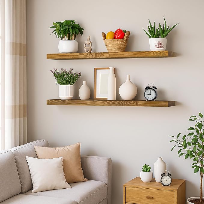 BGMG Floating Shelves 48 Inch Long, Wide Rustic Wooden Wall Shelves for Bathroom Living Room Bedroom Kitchen Farmhouse Set of 2-48x6.7x1.25 Inch - Rustic Brown