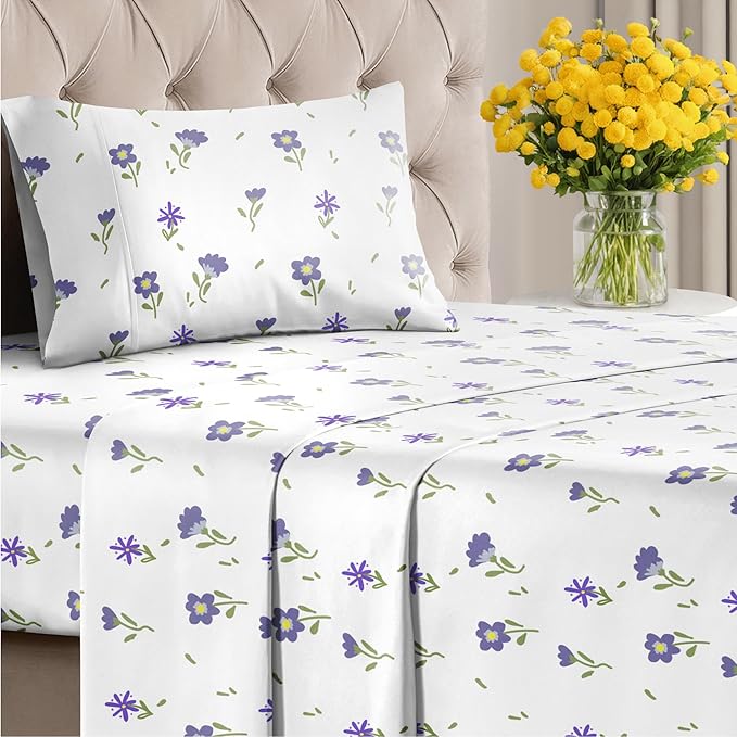 Floral Sheets - Purple Floral Bed Sheet Set - 1 Flat, 1 Fitted & 1 Pillowcase w/ Deep Pockets - Comfy, Wrinkle & Fade Free - Boho Botanical Bedding - Ultra-Soft, Breathable & Cooling - Twin Size Set