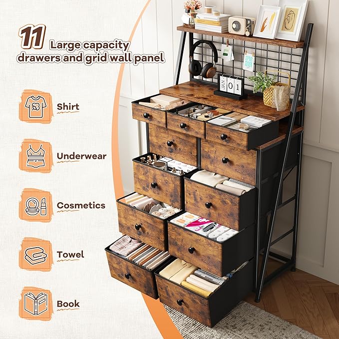 EnHomee 51" H Dresser for Bedroom with LED, 11 Drawer Dresser with Wire Grid Panels & Open Shelves for Entryway, Dorm, Rustic Brown, 11.8" D x 33.9" W x 51.2" H