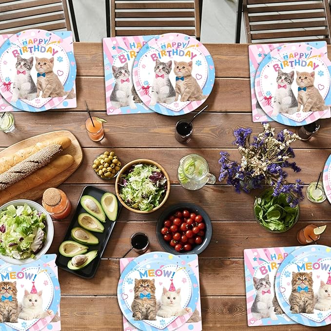 40Pcs Cat Birthday Decorations Pink and Blue Meow Baby Shower Plates and Napkins Party Supplies Cat Birthday Party Decorations