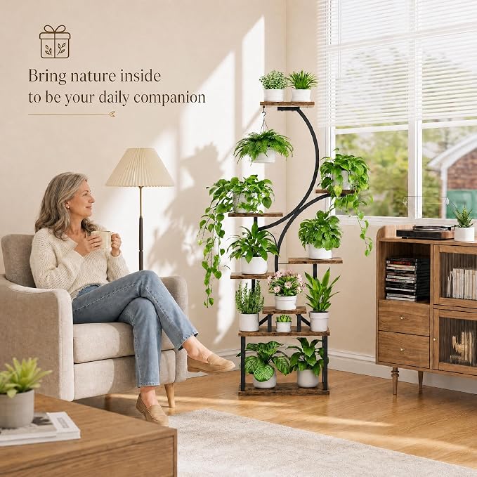 Plant Stand with Grow Lights for Indoor Plants, 8-Tiered Tall Corner Plant Shelf with Full Spectrum Light, S-Shaped Space-Saving Narrow Flower Holder, Anti-Tip for Living Room Bedroom Office, Brown