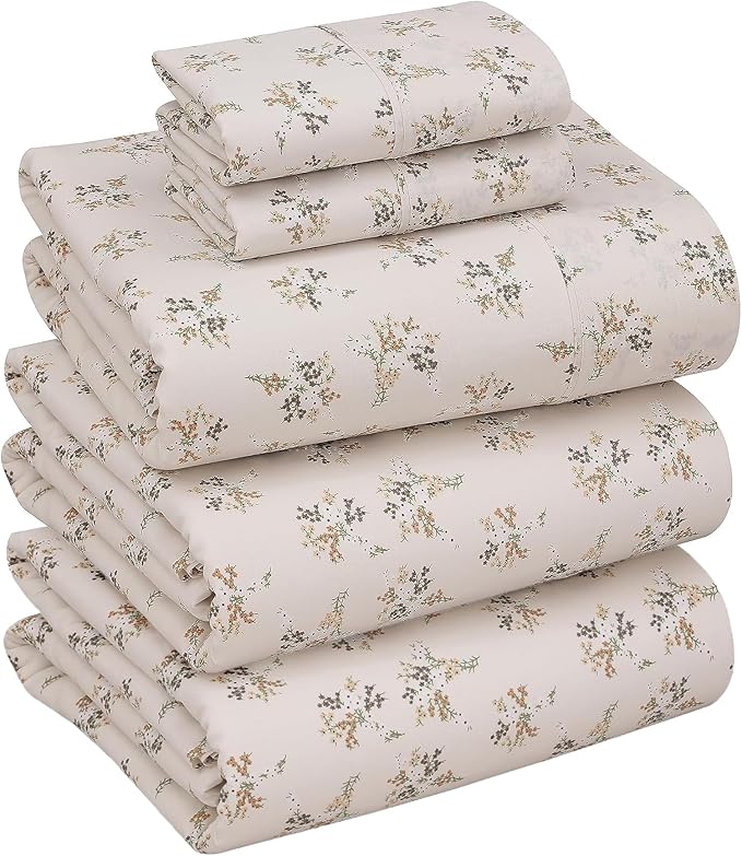 RUVANTI 100% Cotton Split King Sheets Sets for Adjustable Bed, 5 PCs, Soft & Breathable Percale Weave Bedding, Deep Pocket 16", Hotel Standard, Crisp Cool Feel & Durable, Floral Sheet, Twin Spring