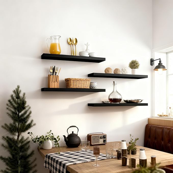 ROGMARS Black Floating Shelves for Wall 36 inch,Rustic Solid Wood Farmhouse Wooden Floating Wall Shelves with Invisible Brackets for Bedroom,Living Room, Kitchen, Bathroom,Set of 4