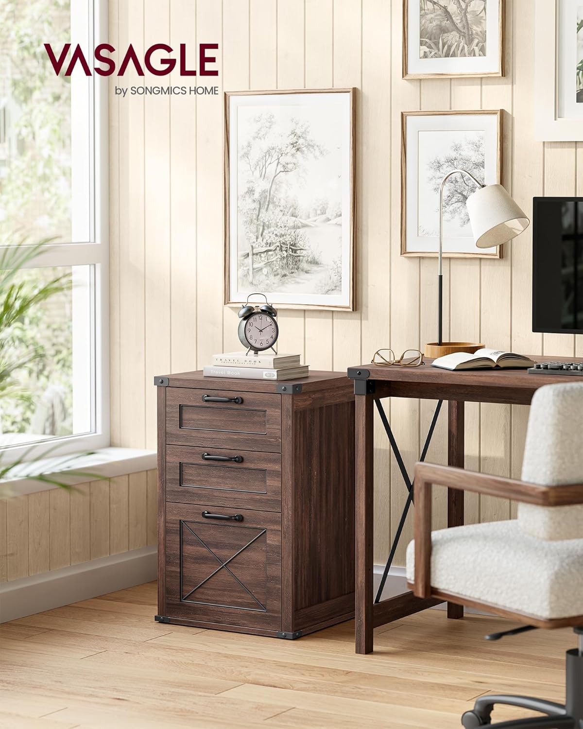 VASAGLE File Cabinet - Modern 3-Drawer Filing Cabinet for Home Office | Maroon Brown, Fits A4 & Letter Size