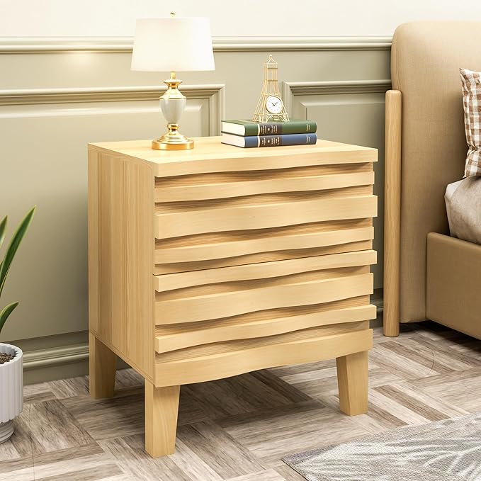 UEV Solid Wood Nightstand, 19.7" W Boho Style Nightstand with 2 Drawers, Fluted Wood Night Stand, Mid Century Modern Bed Side Table for Bedroom,Living Room, Ivory White