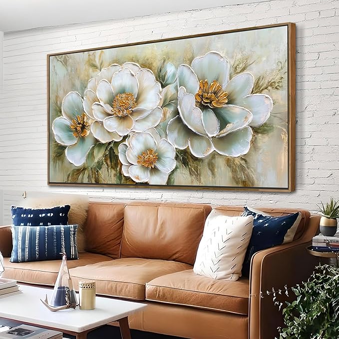 Arjun Big Size Framed Canvas Wall Art for Bedroom, Large Wood Frame Vintage Flower Painting Living Room Textured Artwork Gold Picture Bloosom Dining Room Kitchen Home Office Wall Decor, 58"x29"