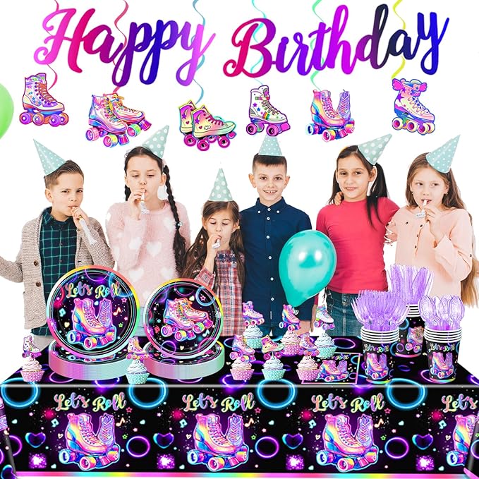 3 Pack Roller Skating Tablecloths, Roller Skating Party Decorations, Let’s Roll Tablecloth for Roller Skate Birthday Party Decorations, 54 x 108 Inch
