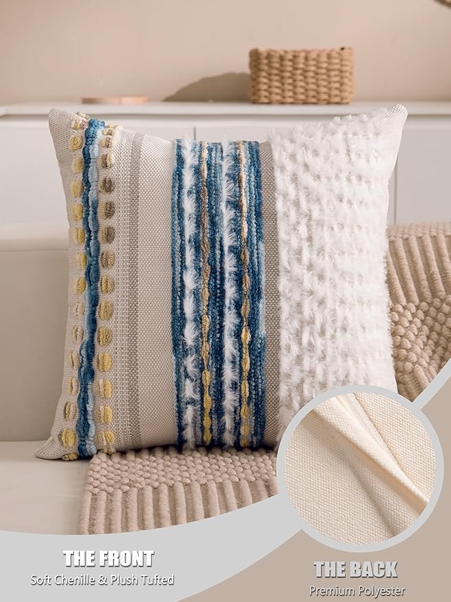 KOOLIFE Boho Chenille Tufted Couch Throw Pillow Covers 18x18 Inch Set of 2 Farmhouse Striped Decorative Pillow Covers Accent Neutral Square Pillowcase Blue Cushion Covers for Livingroom Sofa Bed
