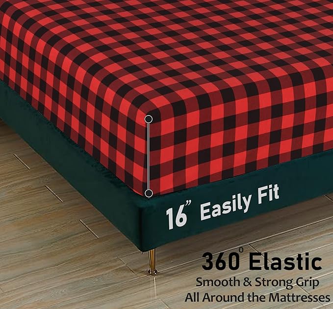 RUVANTI Flannel Sheets California King Size - 100% Cotton Brushed Cal King Bed Sheets Set - Deep Pockets 14 Inches - All Seasons Breathable & Extra Soft - Warm & Cozy, 4 Piece, Red & Black Plaid