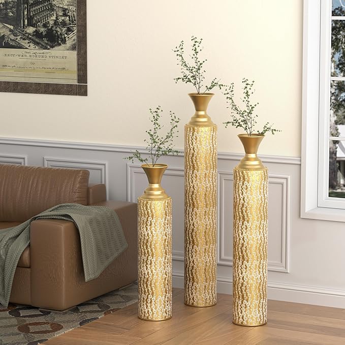 Metal Floor Vases Decorative, Set of 3 Flower Arrangement Stand, Metal Decorative Vase Tall Distressed Metallic Centerpiece Vases with Growing Vine Patterns, 34", 29", 25" H (Antique Gold1)