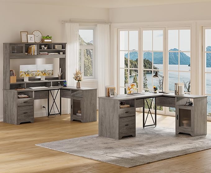 Bestier Farmhouse L Shaped Desk with Drawers, 63" x 47" Office Computer Desk with Charging Station & Fluted Storage Cabinet, Corner Desk with File Drawers, Modesty Panel for Home Office, Grey