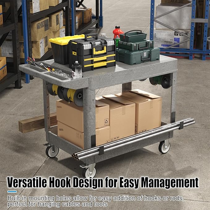 Large Garage Flat Top Utility Cart, Heavy Duty 2 Shelf Tool Cart Service Cart Rolling Push Carts with Ergonomic Handle 5" Swivel Casters.