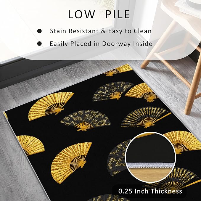 Oriental Fan Runner Rug 4x12, Black and Gold Vintage Asian Design, Japanese Style Area Rug, Washable Non-Slip Floor Carpet Runner for Bedroom, Dining Room, Living Room Aisle