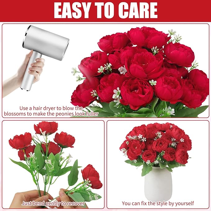 8 Pack Red Peonies Artificial Flowers, Fake Silk Hydrangea Bouquet for Bridal Wedding Home Table Decor Reusable Dining Opening Ceremony Birthday Arrangement Faux Floral