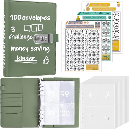 Antner Money Saving Challenge Envelopes - A5 Savings Binder with Password Lock & Tracker, Olive Green