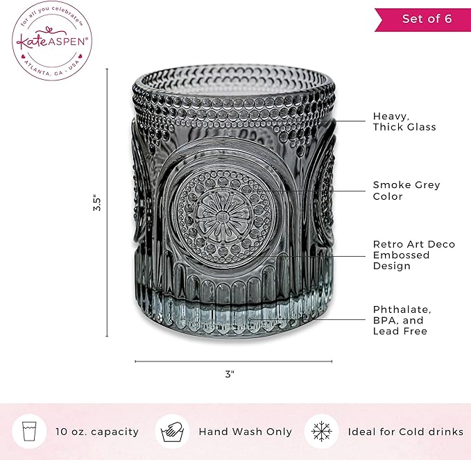 Ribbed Retro Arch Floral Smoke Grey Drinking Glasses Set of 6, (10 oz) Vintage Glassware Set by Kate Aspen| Cocktail Glass Set, Juice Glass, Water Cups | Hostess Gift & Present for New Home Owners