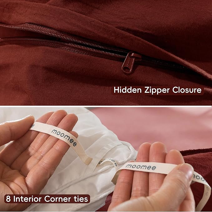 MooMee Bedding Duvet Cover Set 100% Washed Cotton Linen Like Textured Breathable Durable Soft Comfy (Solid Fired Brick Red, Oversized Queen 98"x98")
