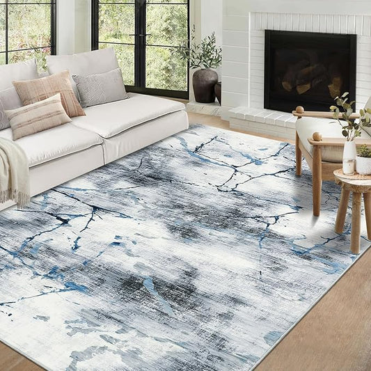 Area Rug 6x9 Washable Modern Abstract Rug for Living Room Water Ink Abstract Small Accent Carpets Low Pile Soft Bedroom Floor Covers Non Shedding Office Carpet Mat for Porch Kitchen， Blue