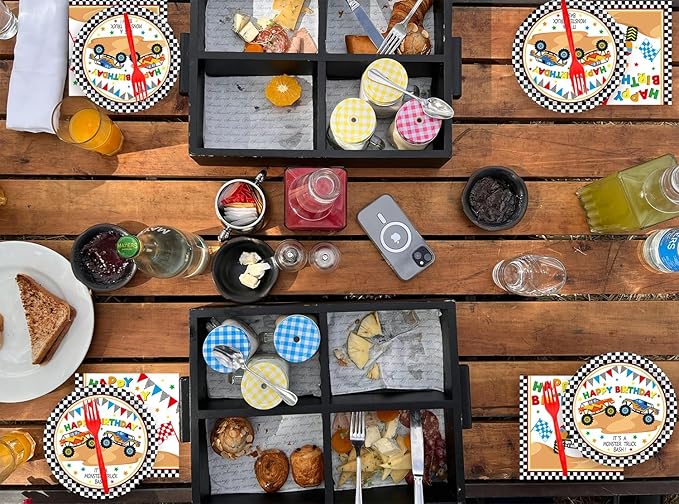 72Pcs Racing Car Party Plates and Napkins Monster Truck Birthday Party Supplies Disposable Checkered Race Tableware Set for Boys Birthday Wheel Sports Baby Shower Decorations Serves 24