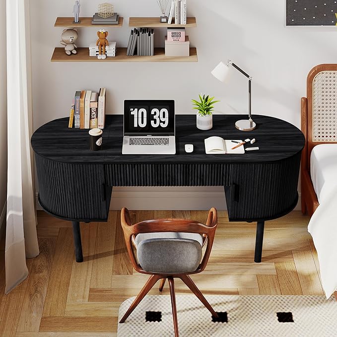 Home Office Oval Desk with Sliding Tambour Door and Drawer, Modern Fluted Wood Executive Computer Storage Desk for Study, Living Room, Bedroom, Office - Black