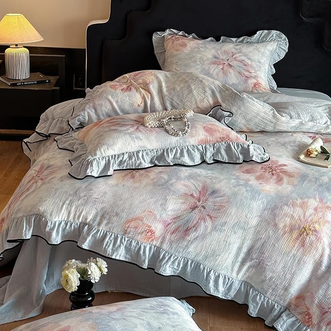 HighBuy Ruffle Duvet Cover Set King Blue Chic Blue Floral Bedding Set,100% Linen Cotton Natural Super Soft Comforter Cover,Comfortable Chic Lightweight - 1 Duvet Cover with 2 Pillowcase