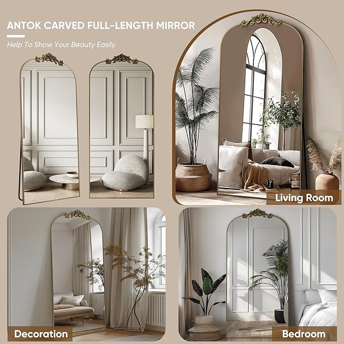 Antok Arched Full Length Mirror, 71"x28" Floor Mirror with Carved Frame, Standing/Wall Hanging Large Mirror for Bedroom, Living Room, Cloakroom, Bronze, Retro Style
