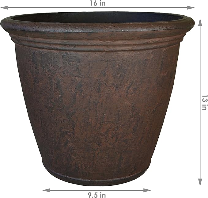 Sunnydaze 15.25-Inch Anjelica Large Plastic Pot for Plants - Double-Walled Outdoor Polyresin Round Planter with Drillable Drainage Holes - Rust - 2pk