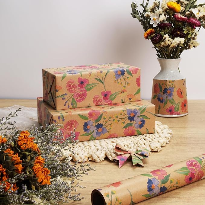BIOBROWN Kraft Floral Wrapping Paper Roll - 17 Inches X 33 Feet (47 sq. ft. ttl.) Vintage Boho Rose Design Flower Gift Wrap for Wedding, Bridal Shower, Mothers Day, Holiday