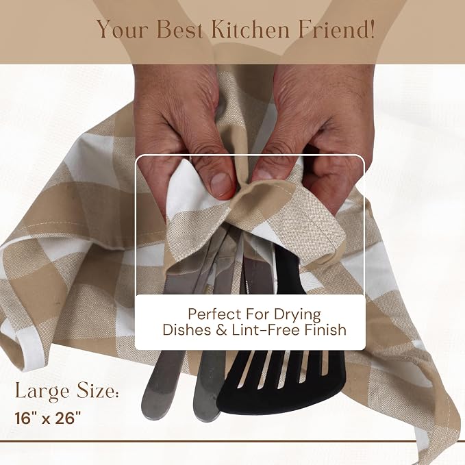 Buffalo Check 4 Pack Kitchen Towels, 16x26 Inches, Classic Farmhouse Plaid Dish Towel, 100% Cotton, Absorbent, Washable for Drying Dishes, Cleaning, Everyday Kitchen Use, Beige White