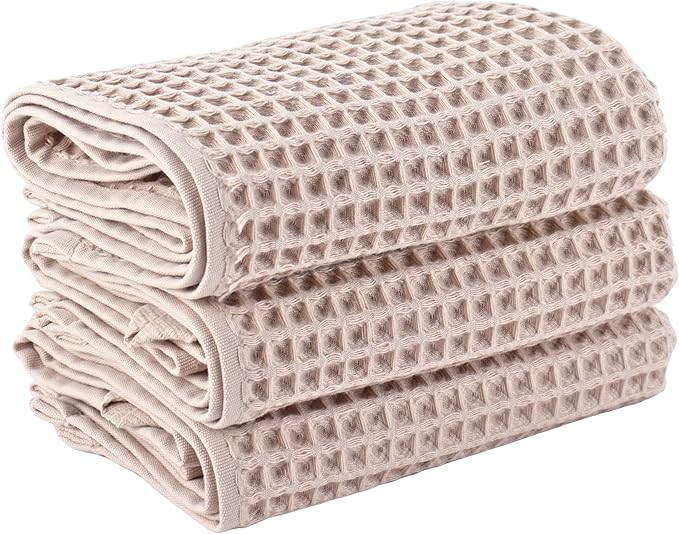 PÜSKÜL Natural 100% Turkish Cotton Waffle Kitchen Towels Set of 3 | Oeko-Tex, Premium Waffle Hand Towels for Bathroom | Soft Absorbent Quick-Dry Lint-Free Dish Towel Large 32x16 inch (3, Beige)