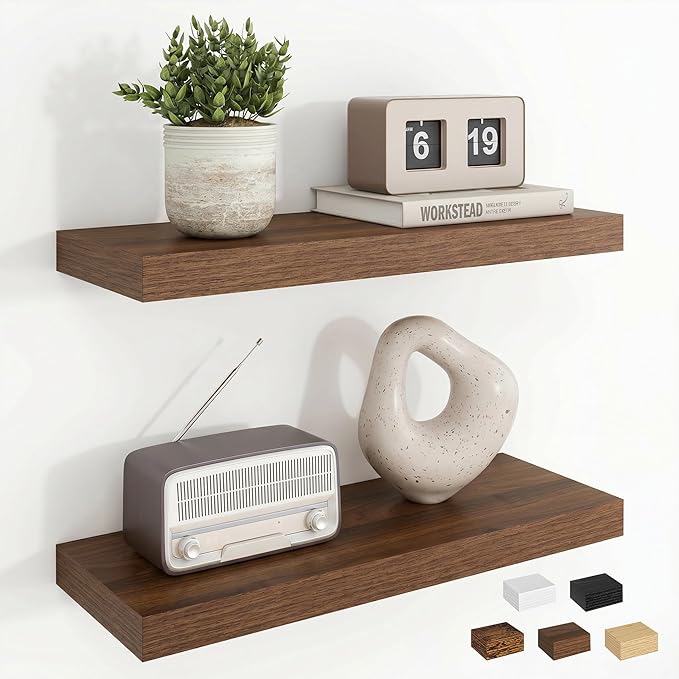 Dreamland Floating Shelves, 20Inch Rustic Wooden Walnut Wall Shelves for Bathroom|Bedroom|Kitchen, Deep Wall Mounted Book Shelf, Wood Storage Display Shelf for Home Decor, Set of 2
