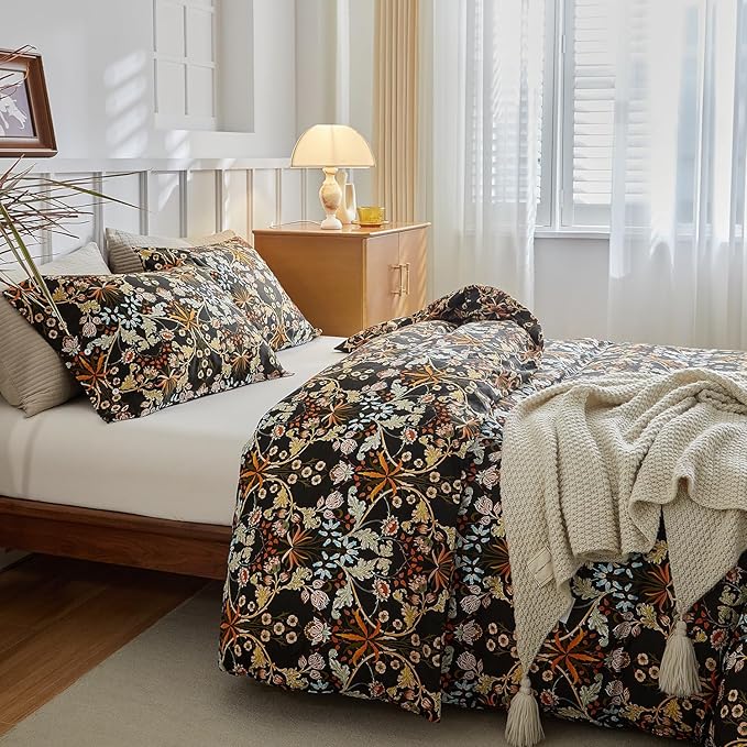 mixinni Duvet Cover Full Size, Cotton Percale Farmhouse Bedding Sets Soft Aesthetic Flowers Plants Comforter Cover for All Season, 3 Pieces Cute Floral Bedding Comforter Set for Women-Full Size