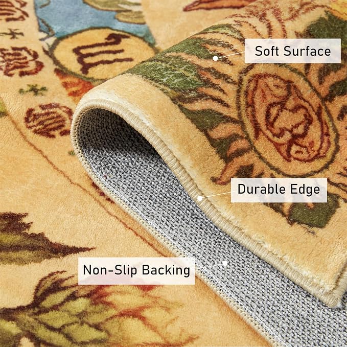 Ultra Thin Washable Mystical Rugs Stain Resistant, Sun and Moon 5x7 Area Rugs Non Slip - Retro Yellow Hippie Floral Throw Rugs for Living Room Bedroom Entryway, Trendy Indie Dorm Tapestry Rug