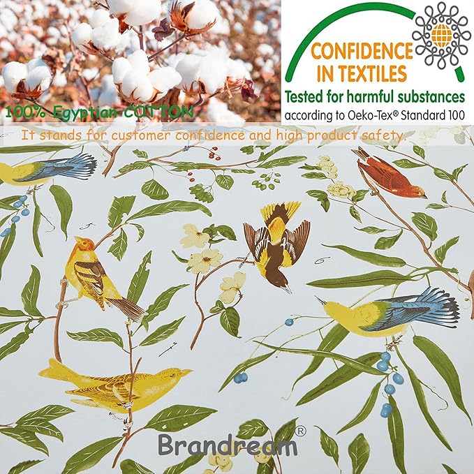 Brandream Eastern Floral Birds Bedding Chinoiserie Blossom Sheet Set Luxury Bedding 800TC 100% Egyptian Cotton Deep Pocket White Green Asian Style Botanical Ornamental Drawing, 4PC-King Size