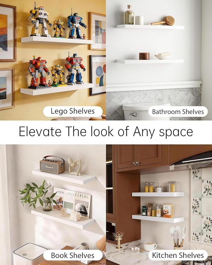 BAYKA Floating Shelves Set of 2, 22.5 inch Rustic Wood Wall Mounted Shelves for Bathroom, Bedroom, Living Room, Kitchen & Office, Hanging Shelf Deocr Display with 22 lbs Capacity, White