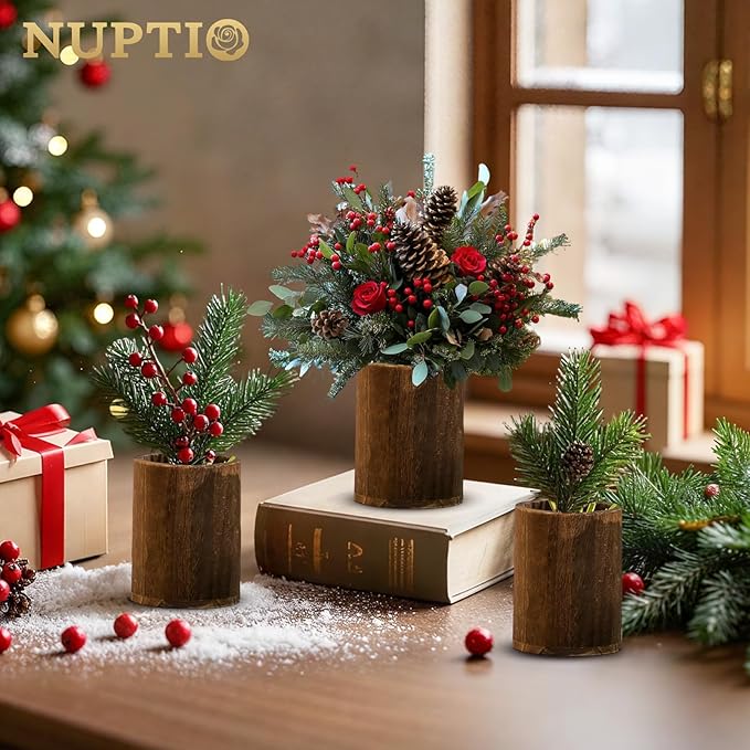 NUPTIO Wood Vases Rustic Centerpiece: 6 Pcs 5.1" Wooden Vase for Home Decor - Brown Small Vase for Wedding Table Living Room Shelf Decor
