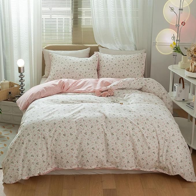 LifeTB Girls Pink Flower Duvet Cover Twin 100% Cotton Blossom Floral Comforter Cover Pink White Flower Pattern Duvet Cover with Zipper Closure Aesthetic Botanical Cottagecore Bedding Set Twin