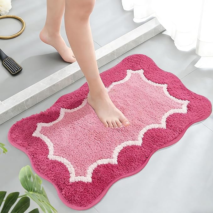 Cute Scalloped Rose Pink Small Bathroom Rugs Mat,Non Slip Absorbent Quick Dry Bath Mats for Shower Room,Microfiber Bath Rug for Floor Washable Carpet for Shower Tub Sink Bedroom,16"x24"