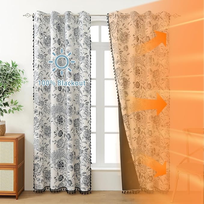 100% Blackout Black Floral Farmhouse Curtains Living Room Thermal Insulated Drapes Elegant Peony Pattern & Tassel Curtains 2 Panels Blocking Curtains for Windows Floral Drapes (52W*63L)