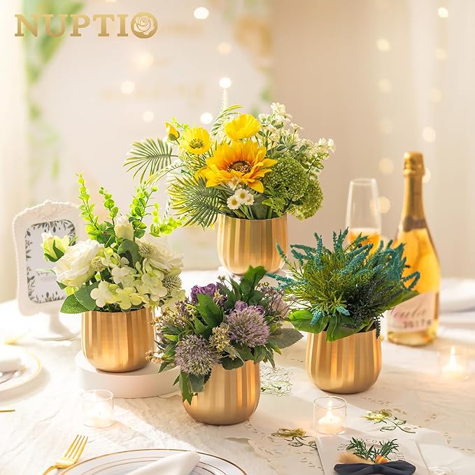 Gold Vases Compote Centerpiece Planter: 4" Ribbed Metal Vase Small Compote Bowl Planter Pot with Drainage Hole for Wedding Table Centerpiece Indoor Plants Set of 6