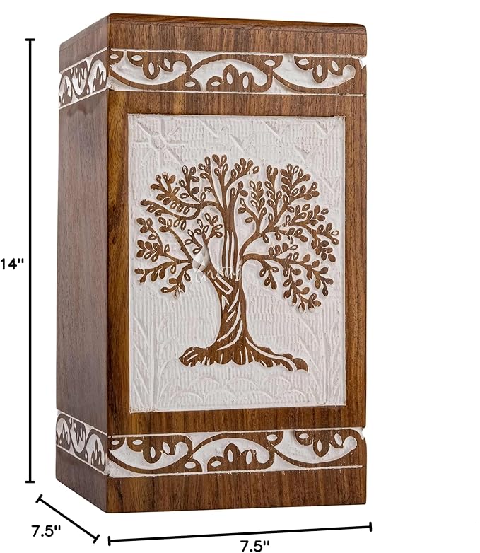 INTAJ Cremation Urn for Human Ashes - Wooden Urn Box for Ashes Handcrafted - Tree of Life Memorial Urn Funeral Cremation Urns (XL (14x7.5) 640 CuIn, Antique Rosewood Tree)