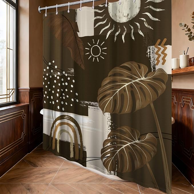 Dark Brown Mid Century Modern Shower Curtain Boho Abstract Khaki Earth Tone Shower Curtains for Bathroom Decor Sets, Waterproof Cloth Fabric with Hooks, 60 x 72 Inch